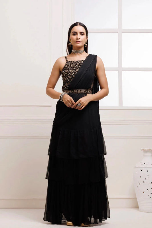 Women's Black Ruffled Chiffon Saree Ready To Wear With Stitched Blouse