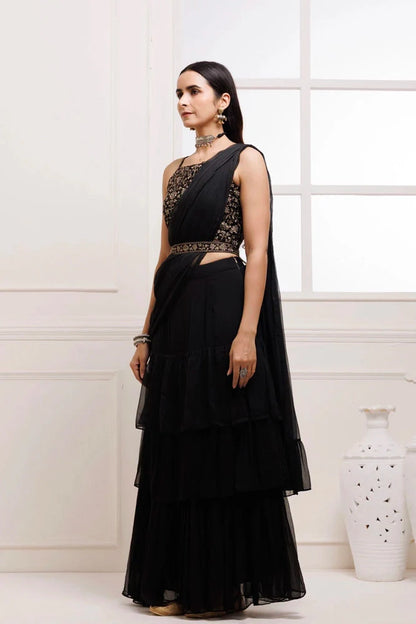 Women's Black Ruffled Chiffon Saree Ready To Wear With Stitched Blouse