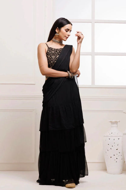 Women's Black Ruffled Chiffon Saree Ready To Wear With Stitched Blouse