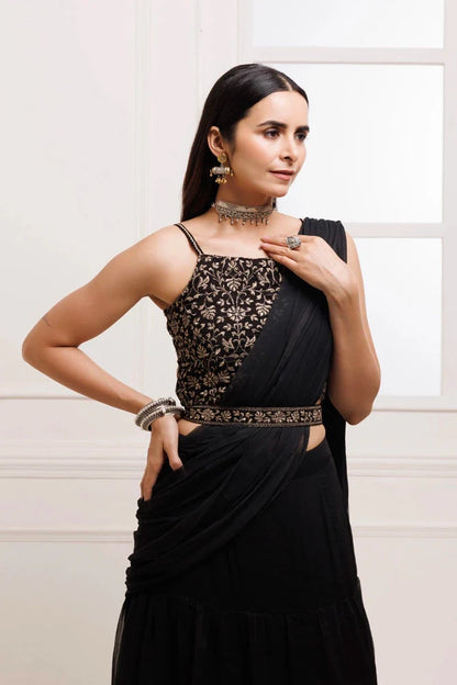 Women's Black Ruffled Chiffon Saree Ready To Wear With Stitched Blouse