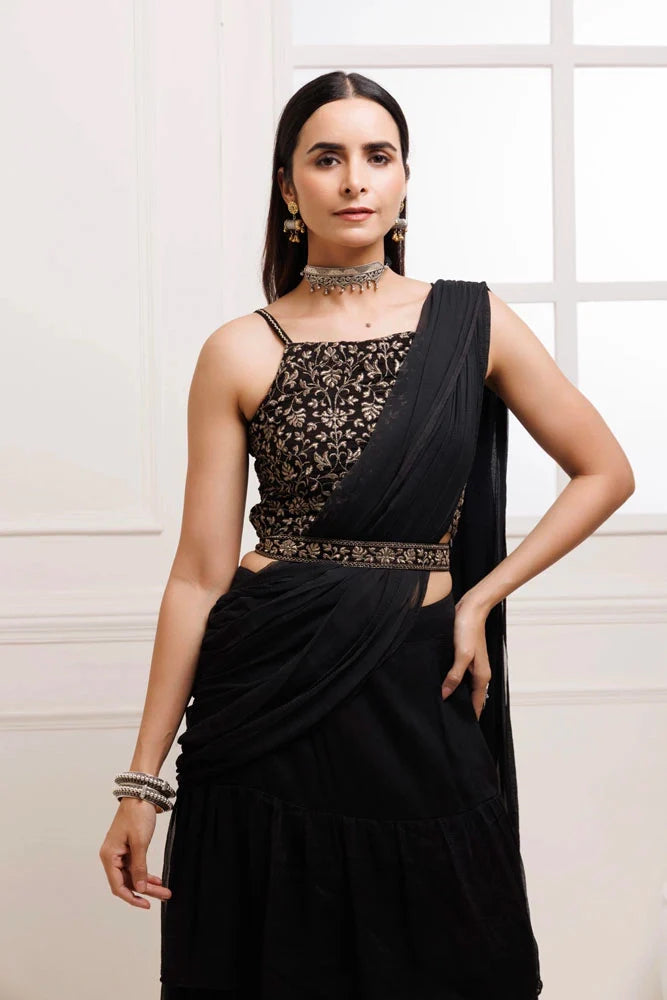 Women's Black Ruffled Chiffon Saree Ready To Wear With Stitched Blouse