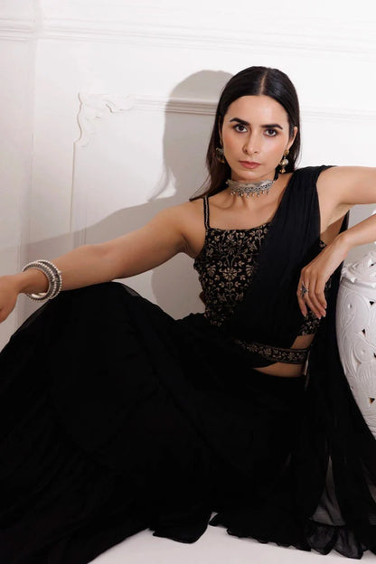 Women's Black Ruffled Chiffon Saree Ready To Wear With Stitched Blouse
