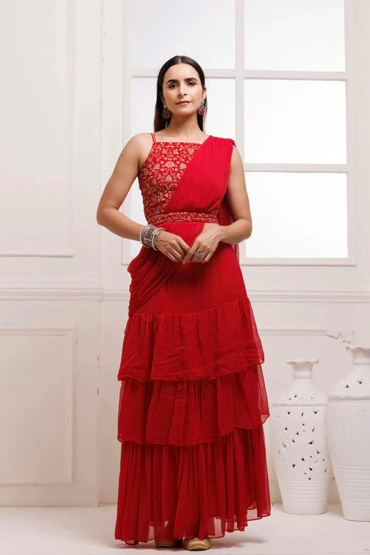 Women's Red Ruffled Chiffon Saree Ready To Wear With Stitched Blouse