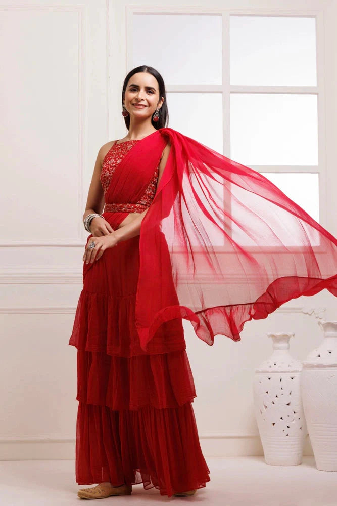 Women's Red Ruffled Chiffon Saree Ready To Wear With Stitched Blouse