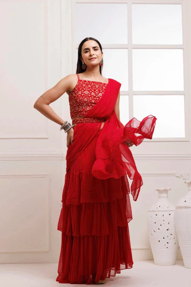 Women's Red Ruffled Chiffon Saree Ready To Wear With Stitched Blouse
