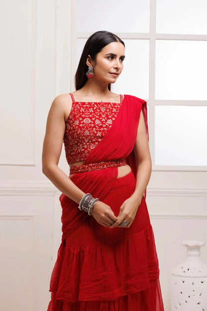 Women's Red Ruffled Chiffon Saree Ready To Wear With Stitched Blouse