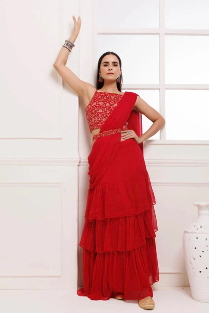 Women's Red Ruffled Chiffon Saree Ready To Wear With Stitched Blouse
