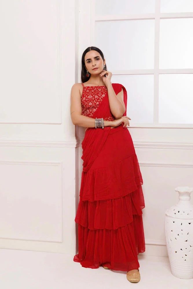 Women's Red Ruffled Chiffon Saree Ready To Wear With Stitched Blouse