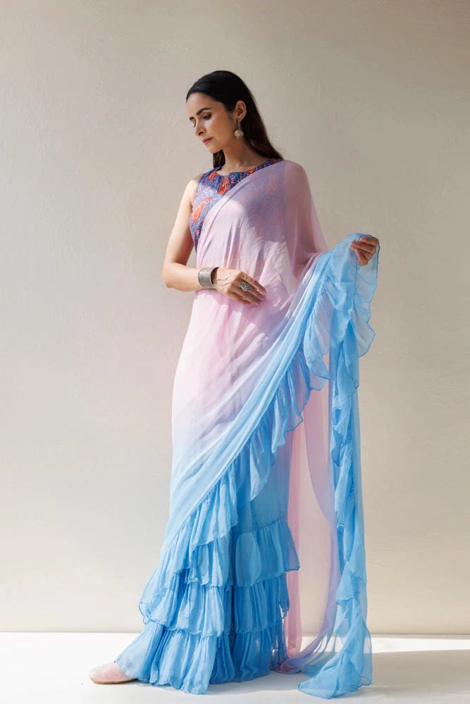 Women's Blue Pink Pre Draped Ruffled Ombre Chiffon Saree