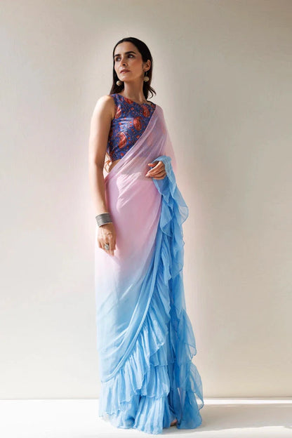 Women's Blue Pink Pre Draped Ruffled Ombre Chiffon Saree