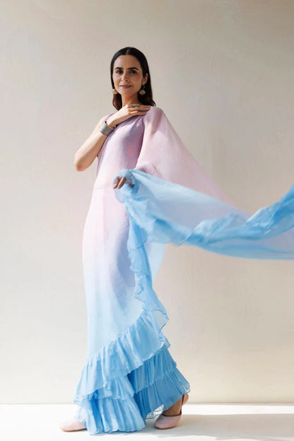Women's Blue Pink Pre Draped Ruffled Ombre Chiffon Saree