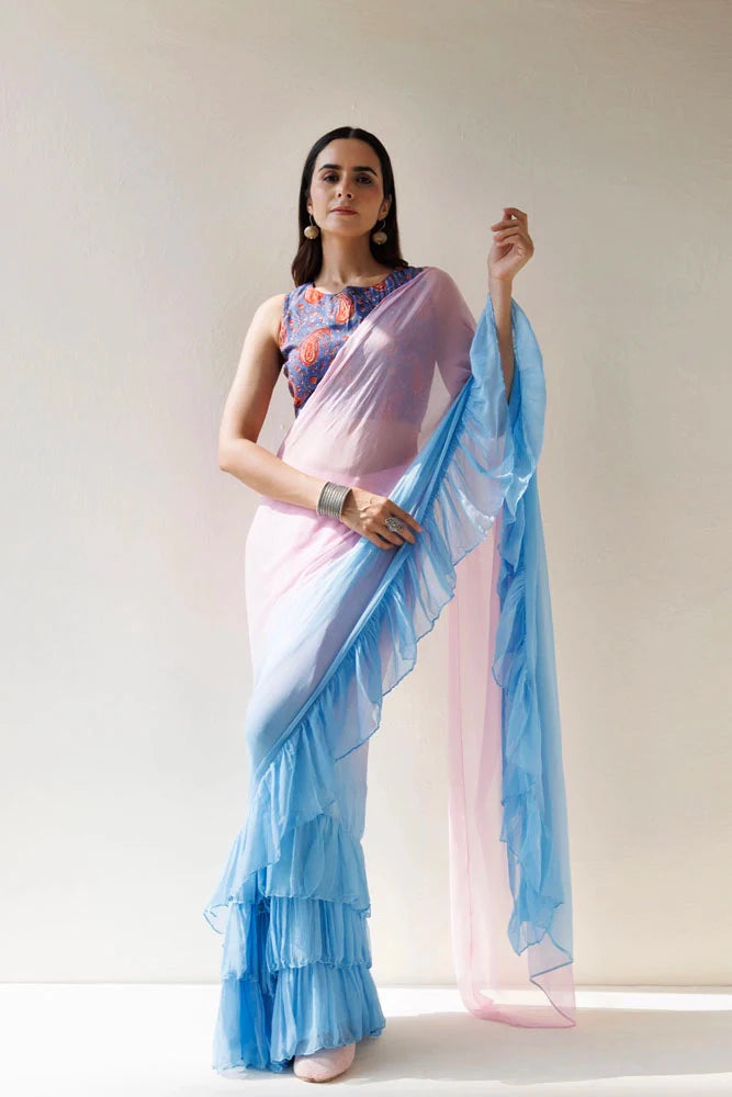 Women's Blue Pink Pre Draped Ruffled Ombre Chiffon Saree