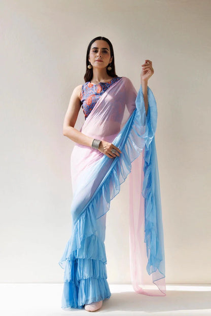 Women's Blue Pink Pre Draped Ruffled Ombre Chiffon Saree