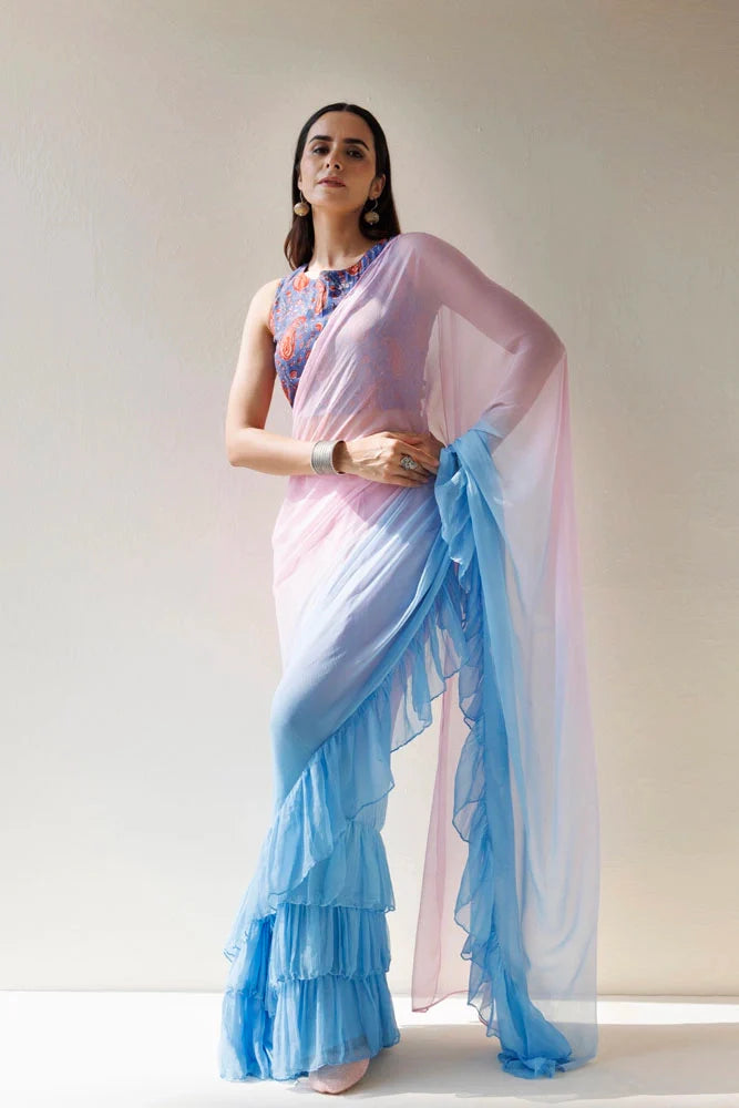 Women's Blue Pink Pre Draped Ruffled Ombre Chiffon Saree