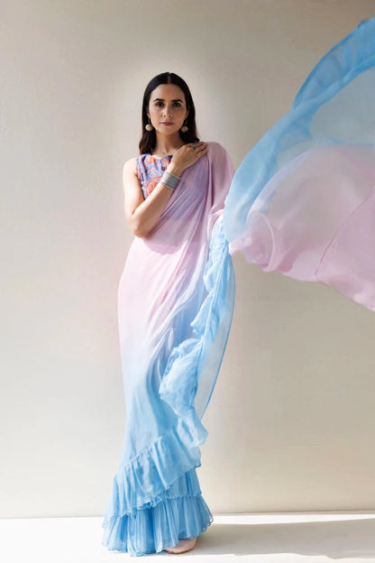 Women's Blue Pink Pre Draped Ruffled Ombre Chiffon Saree