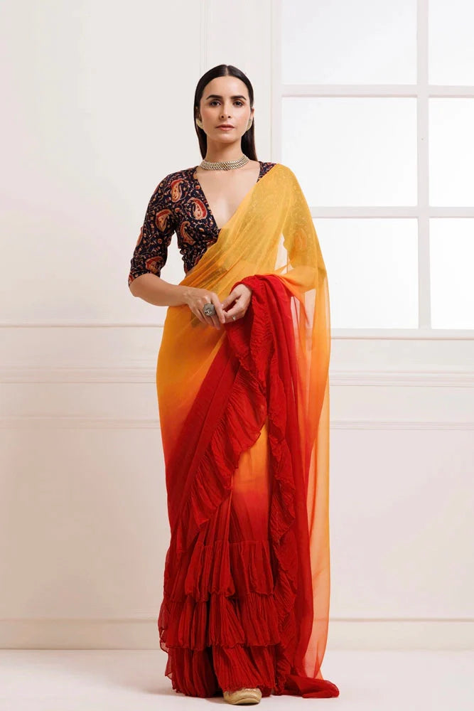 Women's Orange Red Pre Draped Ruffled Ombre Chiffon Saree