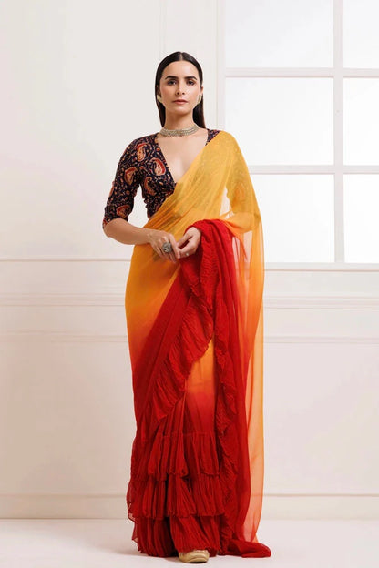 Women's Orange Red Pre Draped Ruffled Ombre Chiffon Saree