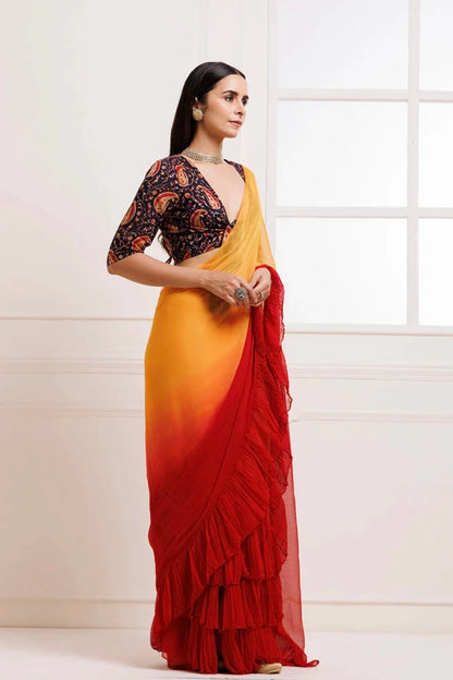 Women's Orange Red Pre Draped Ruffled Ombre Chiffon Saree