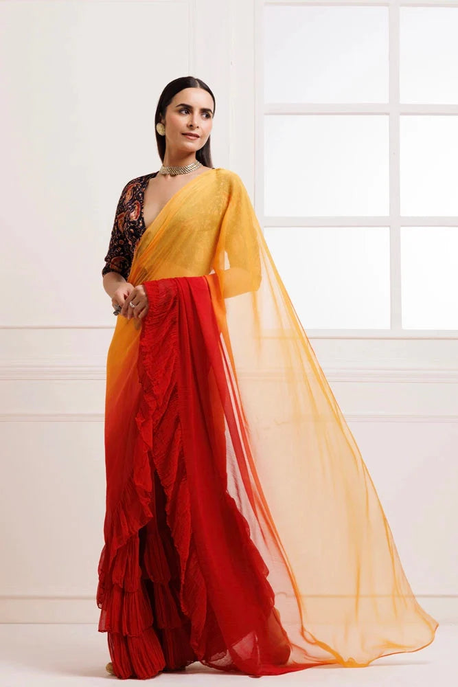Women's Orange Red Pre Draped Ruffled Ombre Chiffon Saree