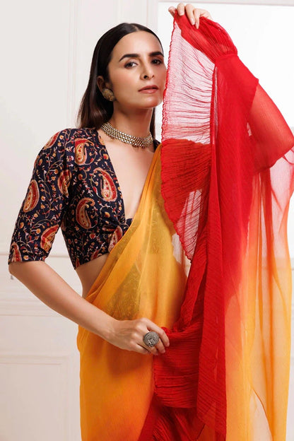 Women's Orange Red Pre Draped Ruffled Ombre Chiffon Saree