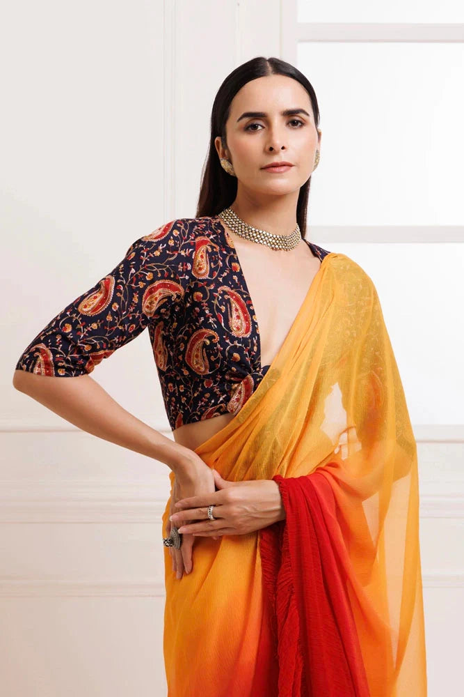 Women's Orange Red Pre Draped Ruffled Ombre Chiffon Saree