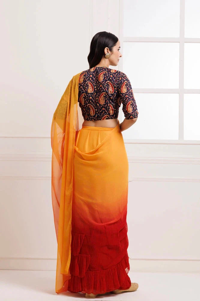 Women's Orange Red Pre Draped Ruffled Ombre Chiffon Saree