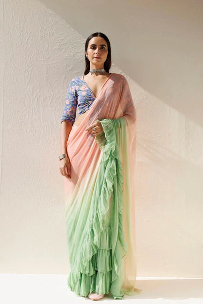 Women's Green Peach Pre Draped Ruffled Ombre Chiffon Saree