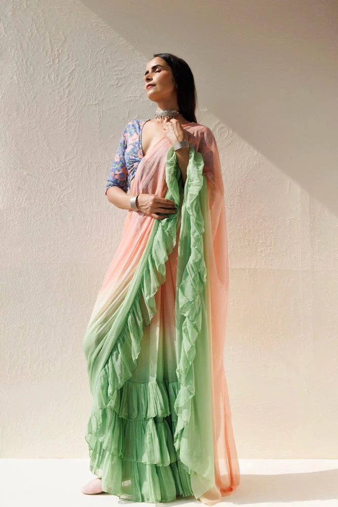 Women's Green Peach Pre Draped Ruffled Ombre Chiffon Saree