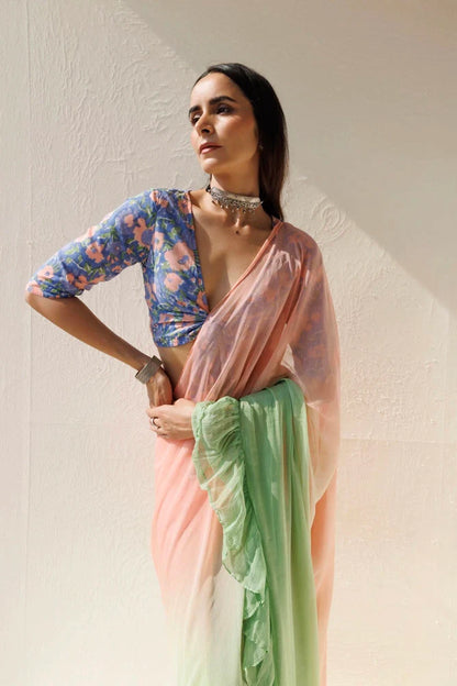 Women's Green Peach Pre Draped Ruffled Ombre Chiffon Saree