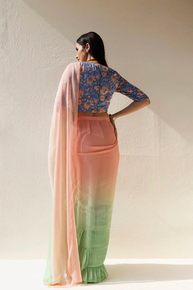 Women's Green Peach Pre Draped Ruffled Ombre Chiffon Saree
