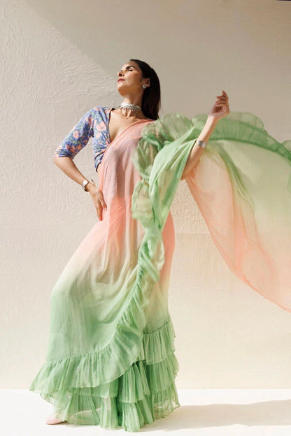 Women's Green Peach Pre Draped Ruffled Ombre Chiffon Saree