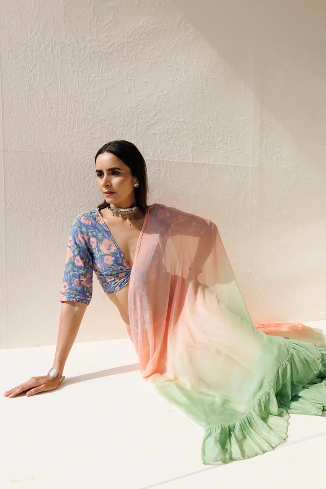Women's Green Peach Pre Draped Ruffled Ombre Chiffon Saree