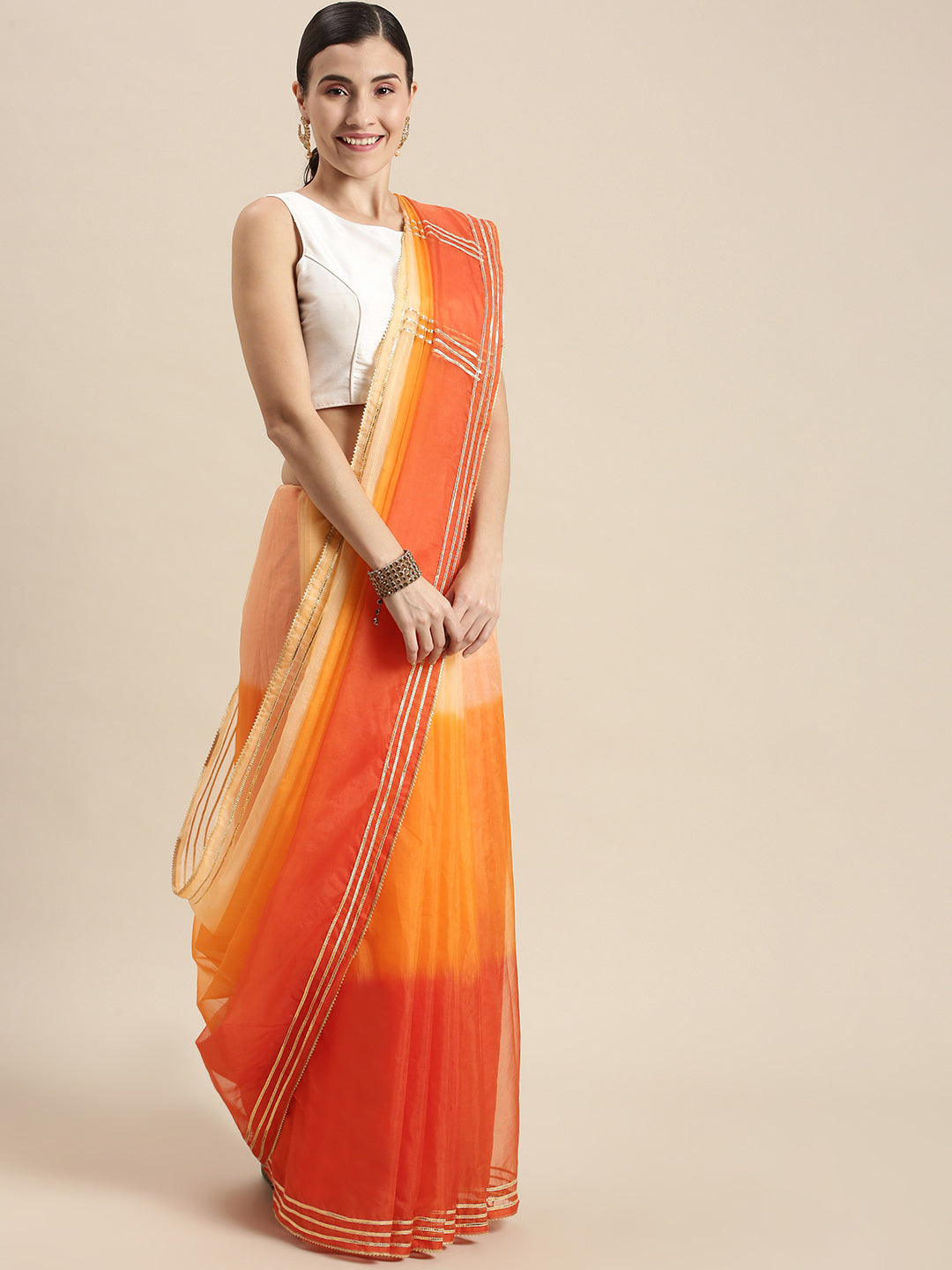 Women's Orange Ombre Organza Saree