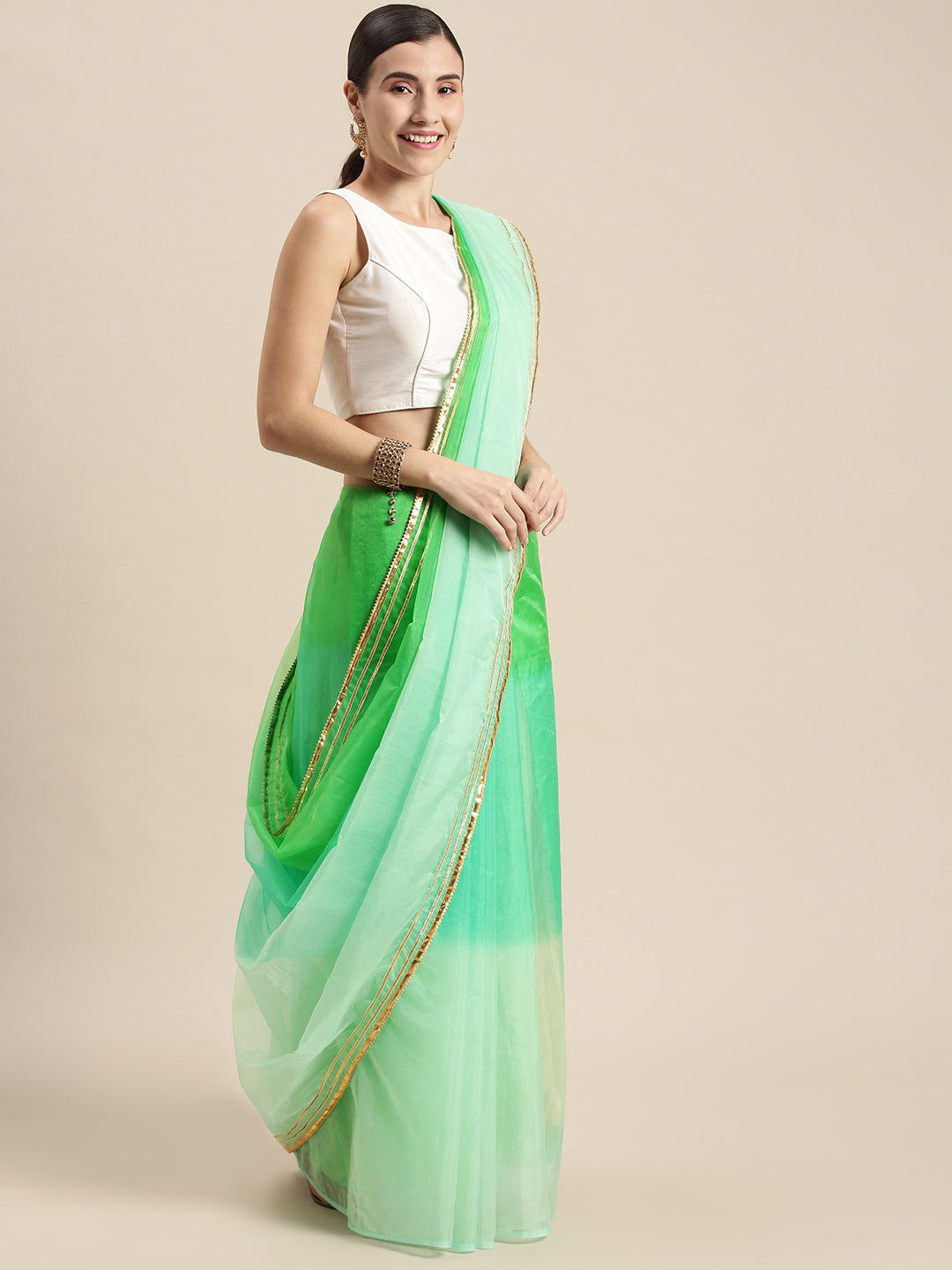 Women's Green Ombre Organza Saree