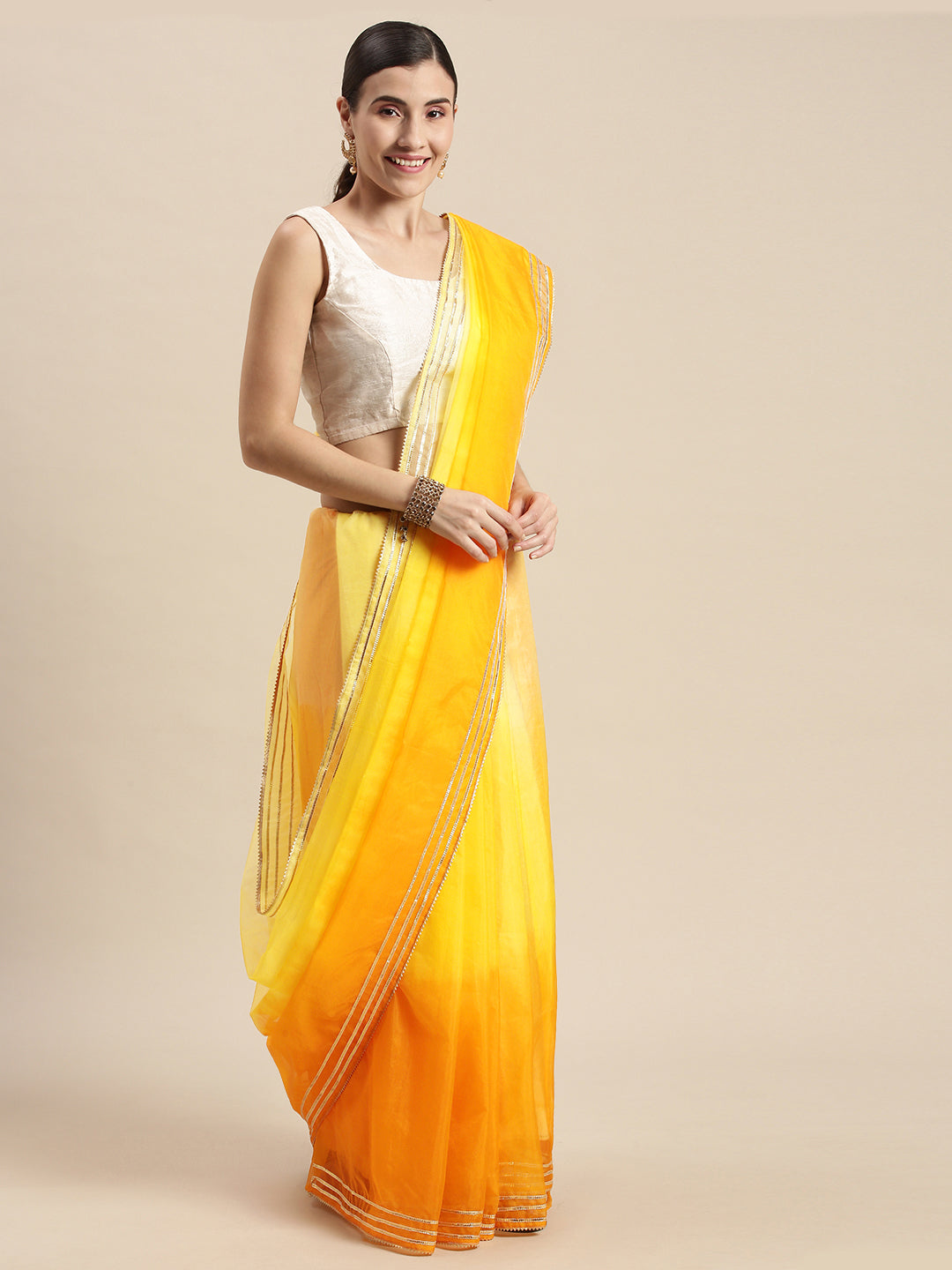 Women's Yellow Ombre Organza Saree