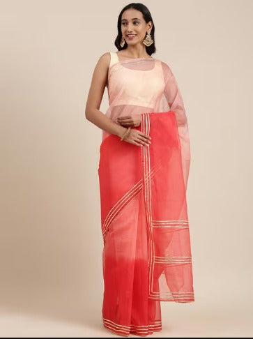 Women's Peach Hand Dyed Lace Work Organza Saree