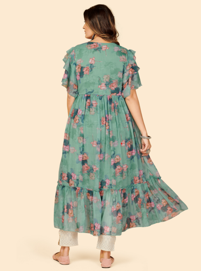 Women's Printed Anarkali Georgette Aqua Green Stitched Kurta (1Pc)