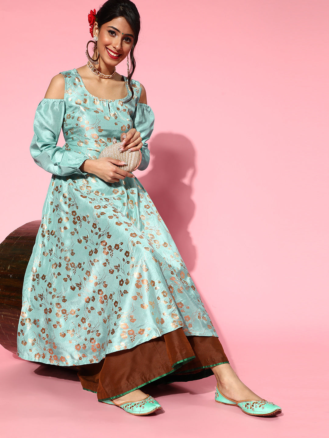 Women's Pastel Blue Foil Print Flared Anarkali