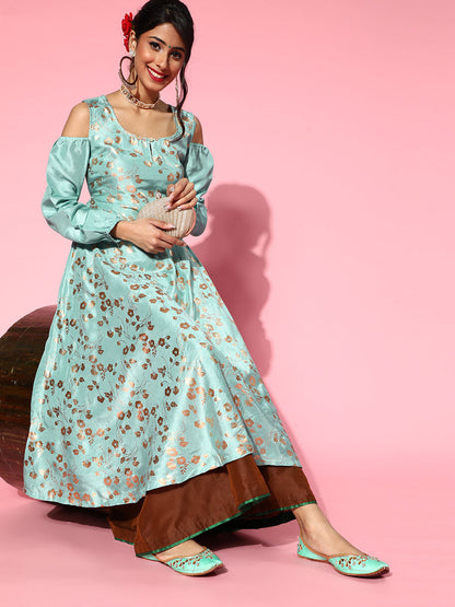 Women's Pastel Blue Foil Print Flared Anarkali