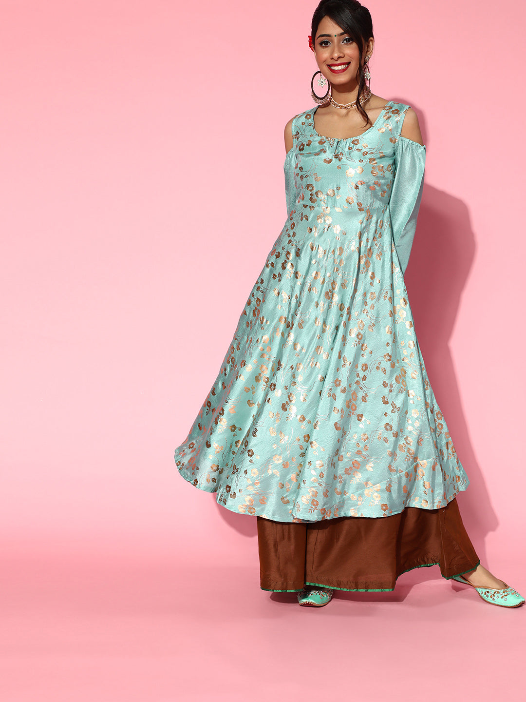 Women's Pastel Blue Foil Print Flared Anarkali