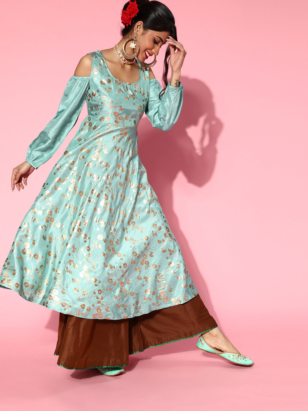 Women's Pastel Blue Foil Print Flared Anarkali