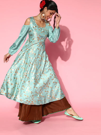 Women's Pastel Blue Foil Print Flared Anarkali