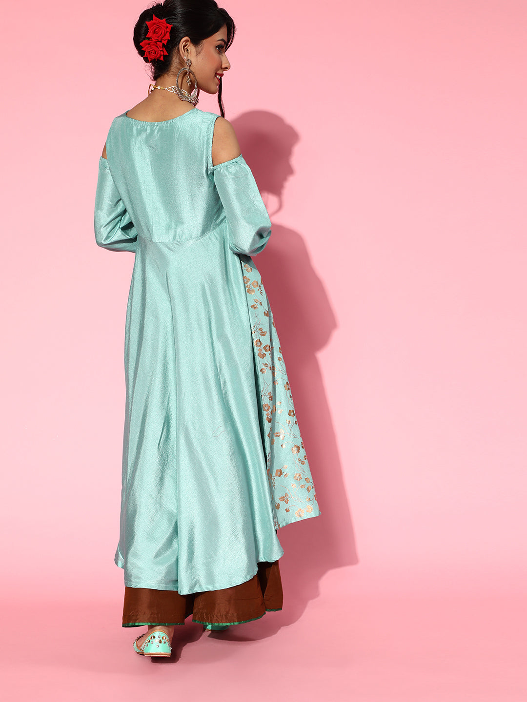Women's Pastel Blue Foil Print Flared Anarkali
