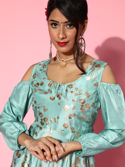Women's Pastel Blue Foil Print Flared Anarkali