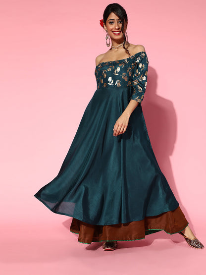 Women's Blue Foil Print Anarkali