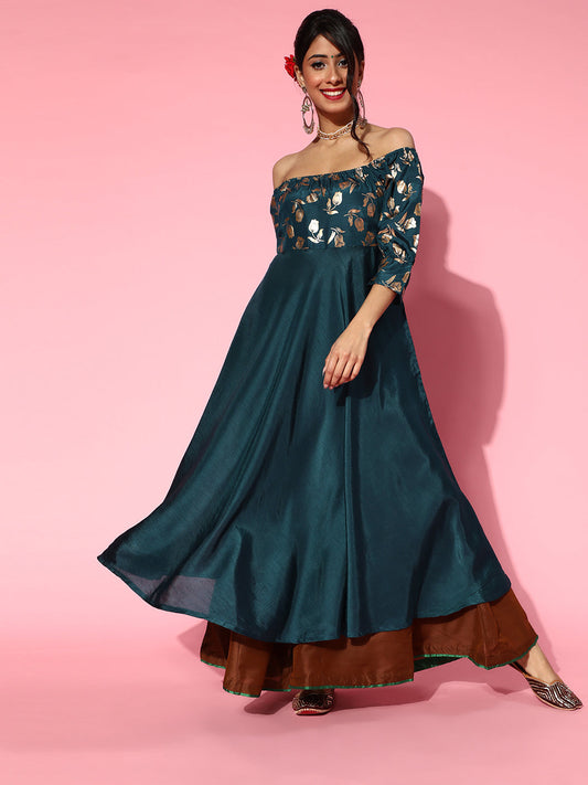 Women's Blue Foil Print Anarkali