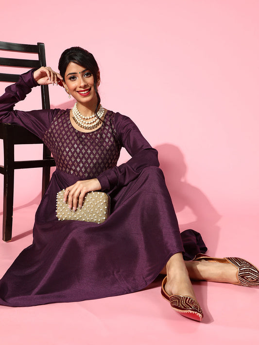 Women's Burgundy Foil Anarkali