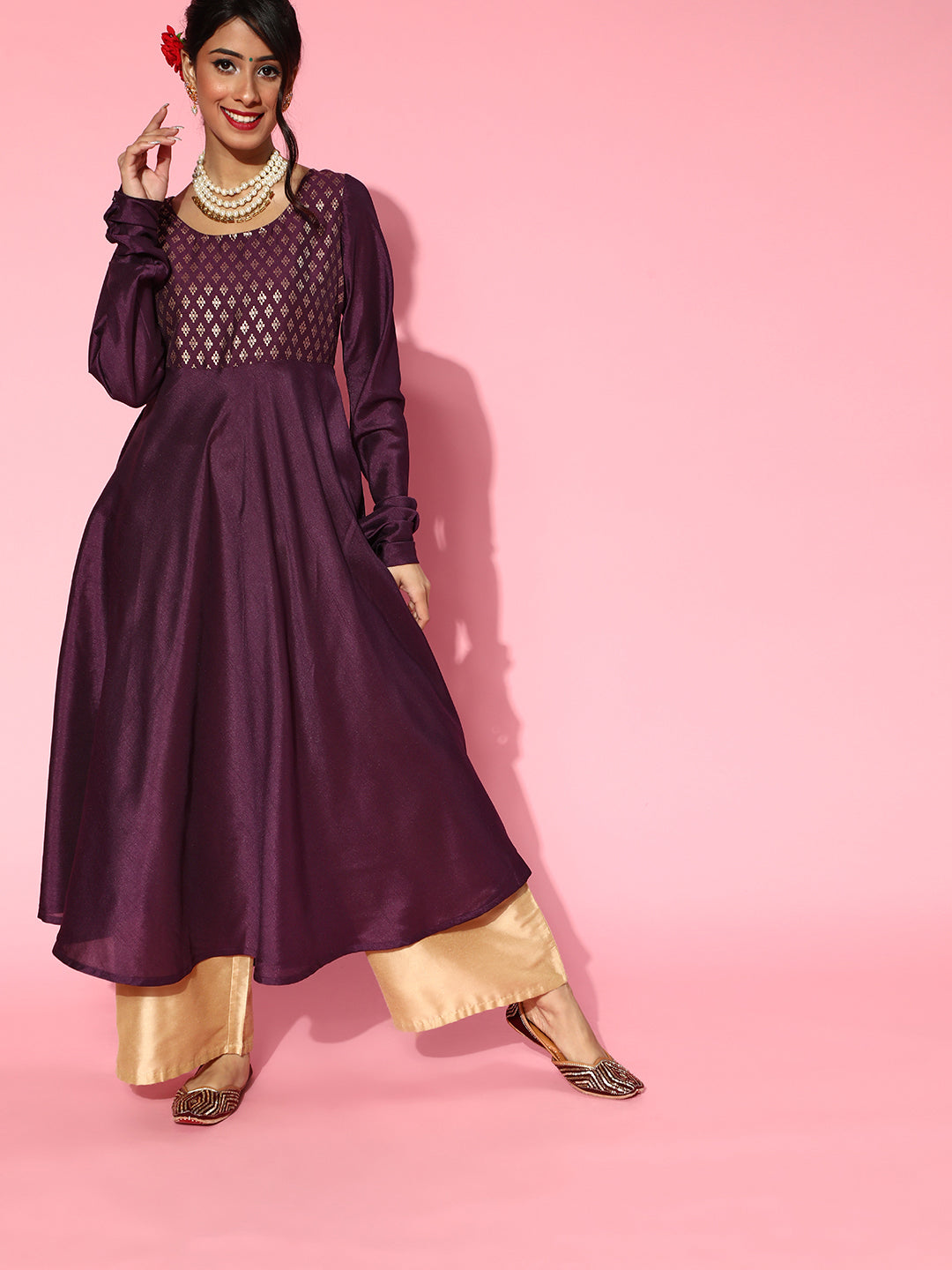 Women's Burgundy Foil Anarkali