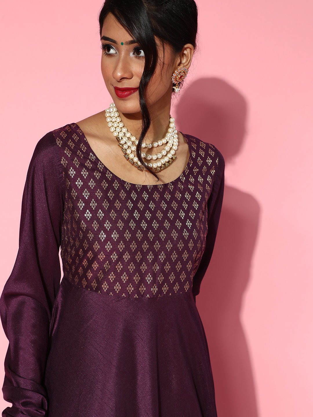 Women's Burgundy Foil Anarkali