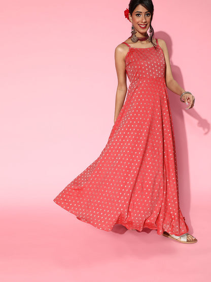 Women's Red Boota Chanderi Maxi Dress